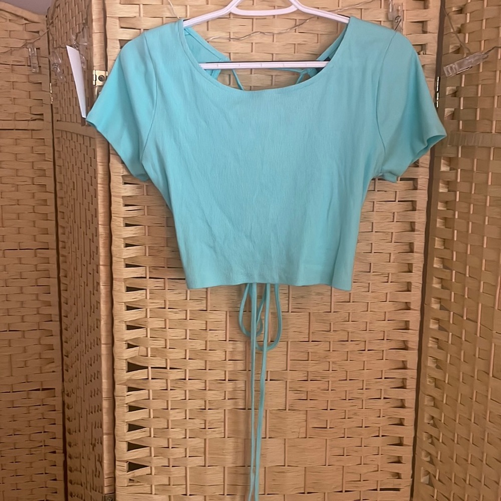 Wild Fable Cropped Aqua Blue Tie Back T-Shirt Top
